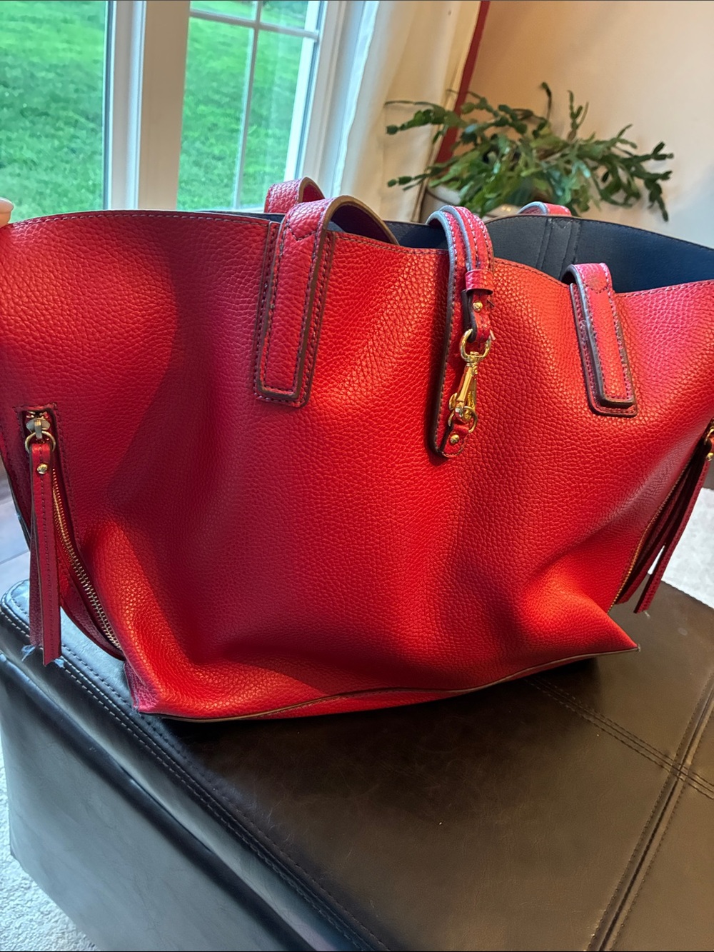 Red Leather Laptop Bag with access zip sides Gold Hardware - Travanti
